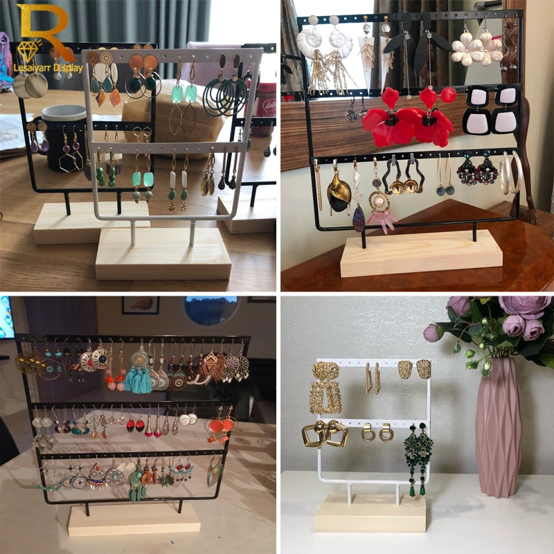Luxury Countertop Pendant Earrings Display Stand Metal Hanger Solid Wood Piercing Jewelry Ear Studs Hanging Holder Storage Rack