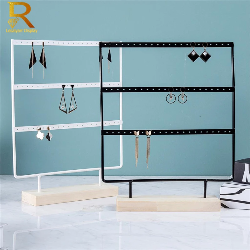 Luxury Countertop Pendant Earrings Display Stand Metal Hanger Solid Wood Piercing Jewelry Ear Studs Hanging Holder Storage Rack