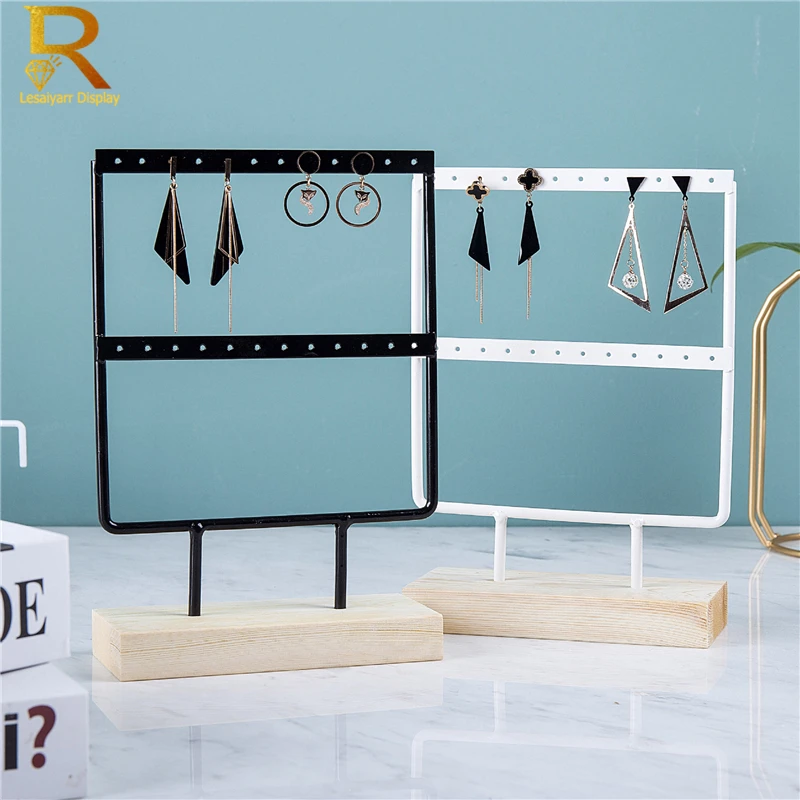 Luxury Countertop Pendant Earrings Display Stand Metal Hanger Solid Wood Piercing Jewelry Ear Studs Hanging Holder Storage Rack