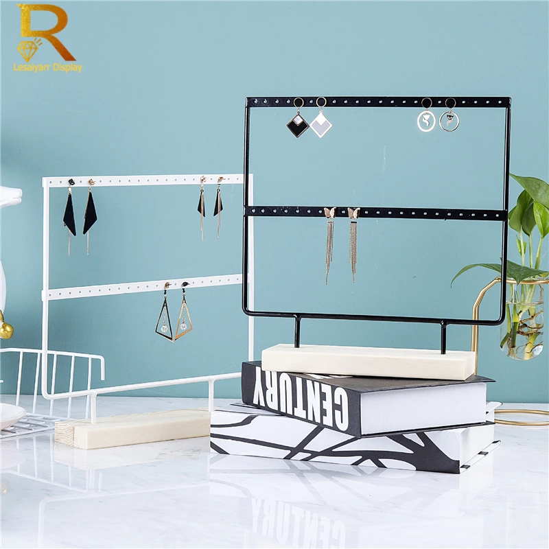 Luxury Countertop Pendant Earrings Display Stand Metal Hanger Solid Wood Piercing Jewelry Ear Studs Hanging Holder Storage Rack
