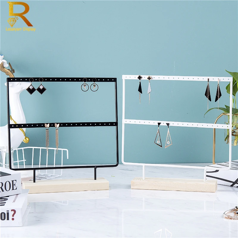 Luxury Countertop Pendant Earrings Display Stand Metal Hanger Solid Wood Piercing Jewelry Ear Studs Hanging Holder Storage Rack