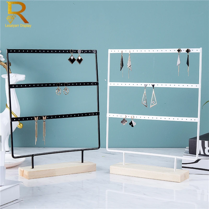 Luxury Countertop Pendant Earrings Display Stand Metal Hanger Solid Wood Piercing Jewelry Ear Studs Hanging Holder Storage Rack