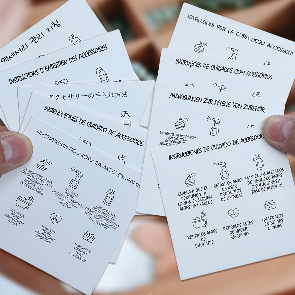 50PCS 9 Languages 6.5x6.5cm Square White Brown Care Instructions Custom Insert Card For Jewelry DIY Packaging Supplies Wholesale