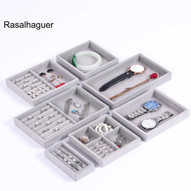 Velvet Glass Ring Earring Jewelry Display Organizer Box Storage Organizer Box Divider Soft Gray Velvet Ring Case Jewellery Tray