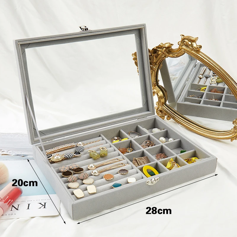 Velvet Glass Ring Earring Jewelry Display Organizer Box Storage Organizer Box Divider Soft Gray Velvet Ring Case Jewellery Tray