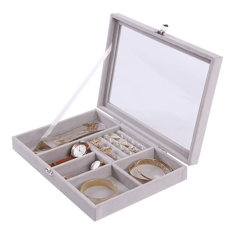 Velvet Glass Ring Earring Jewelry Display Organizer Box Storage Organizer Box Divider Soft Gray Velvet Ring Case Jewellery Tray