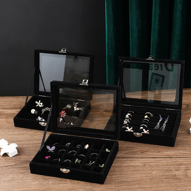 Velvet Glass Ring Earring Jewelry Display Organizer Box Storage Organizer Box Divider Soft Gray Velvet Ring Case Jewellery Tray