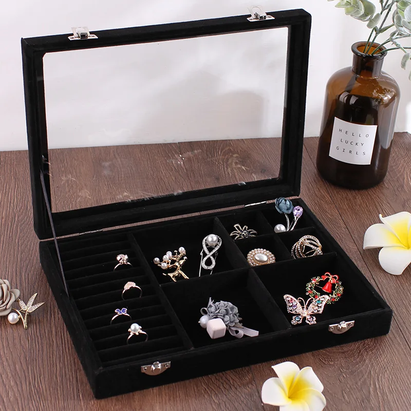 Velvet Glass Ring Earring Jewelry Display Organizer Box Storage Organizer Box Divider Soft Gray Velvet Ring Case Jewellery Tray