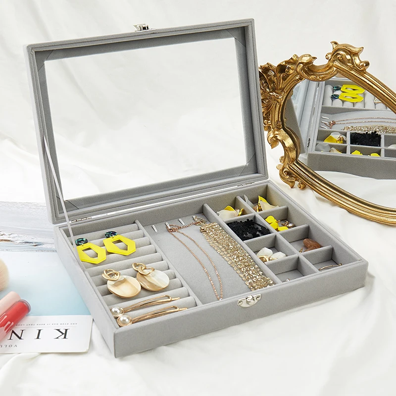 Velvet Glass Ring Earring Jewelry Display Organizer Box Storage Organizer Box Divider Soft Gray Velvet Ring Case Jewellery Tray