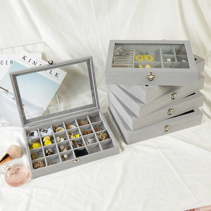 Velvet Glass Ring Earring Jewelry Display Organizer Box Storage Organizer Box Divider Soft Gray Velvet Ring Case Jewellery Tray