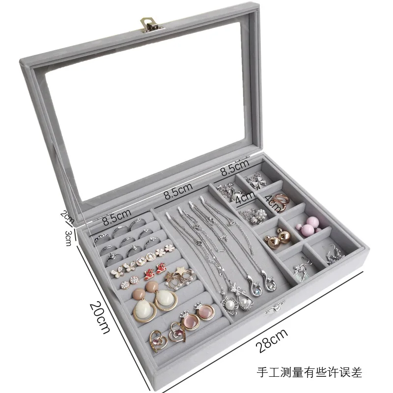Velvet Glass Ring Earring Jewelry Display Organizer Box Storage Organizer Box Divider Soft Gray Velvet Ring Case Jewellery Tray