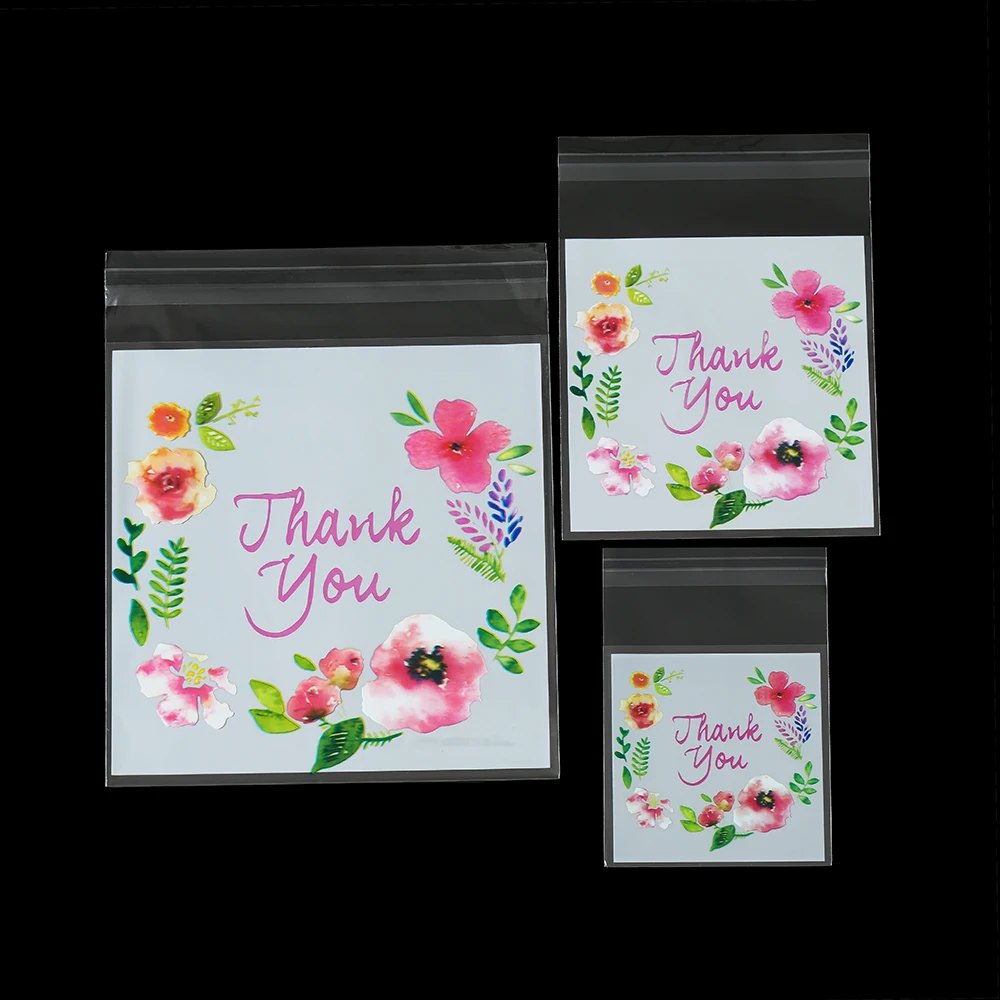 100pcs/lot Plastic Bags Thank you Cookie&Candy Bag Colorful Flower Print OPP Bags for DIY Jewelry Display Storage Gifts Bags