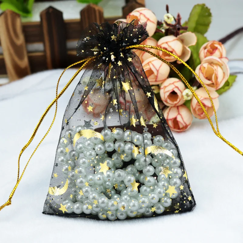 50pcs Gauze Bag Star-Moon Black Bags 9*12cm Special Design Organza Package Bronzed Wedding Gift Candy Jewelry Package