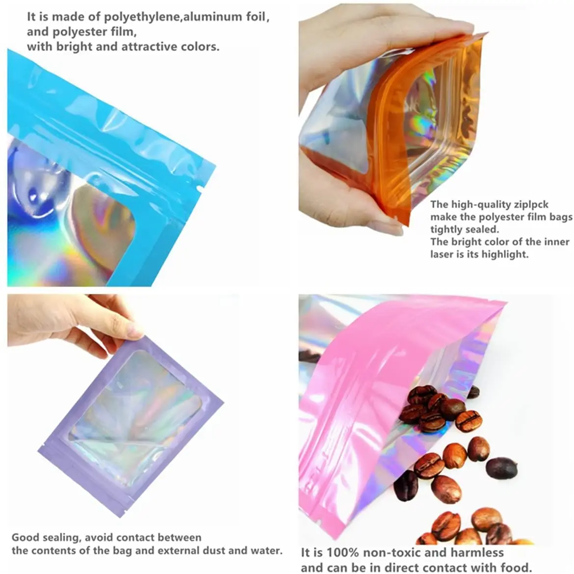 50pcs Smell Proof Mylar Bags Visible Holographic Packaging Bag Resealable Ziplock Opp Bags Foil Pouch Bags for Jewelry Packaging