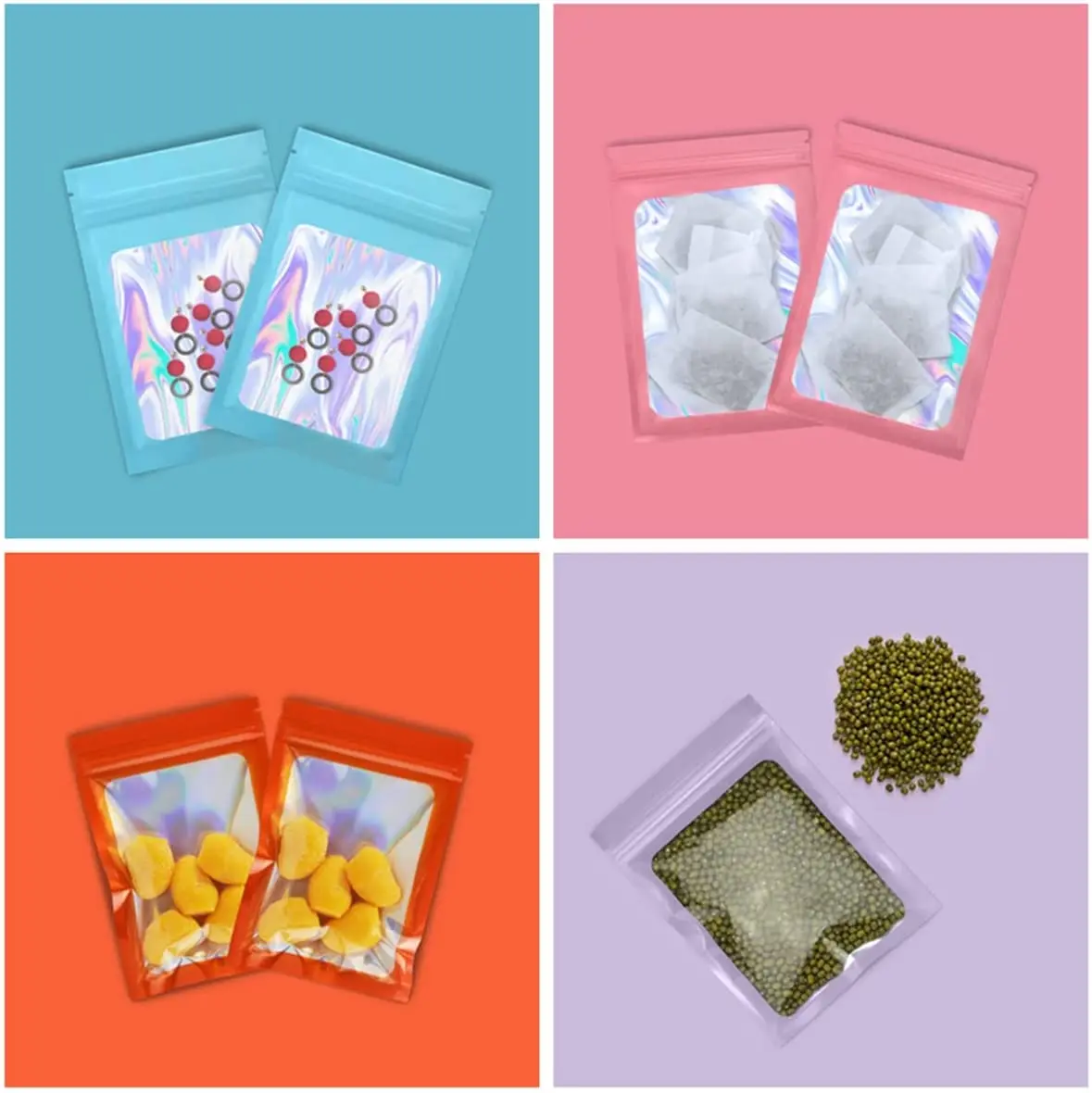 50pcs Smell Proof Mylar Bags Visible Holographic Packaging Bag Resealable Ziplock Opp Bags Foil Pouch Bags for Jewelry Packaging