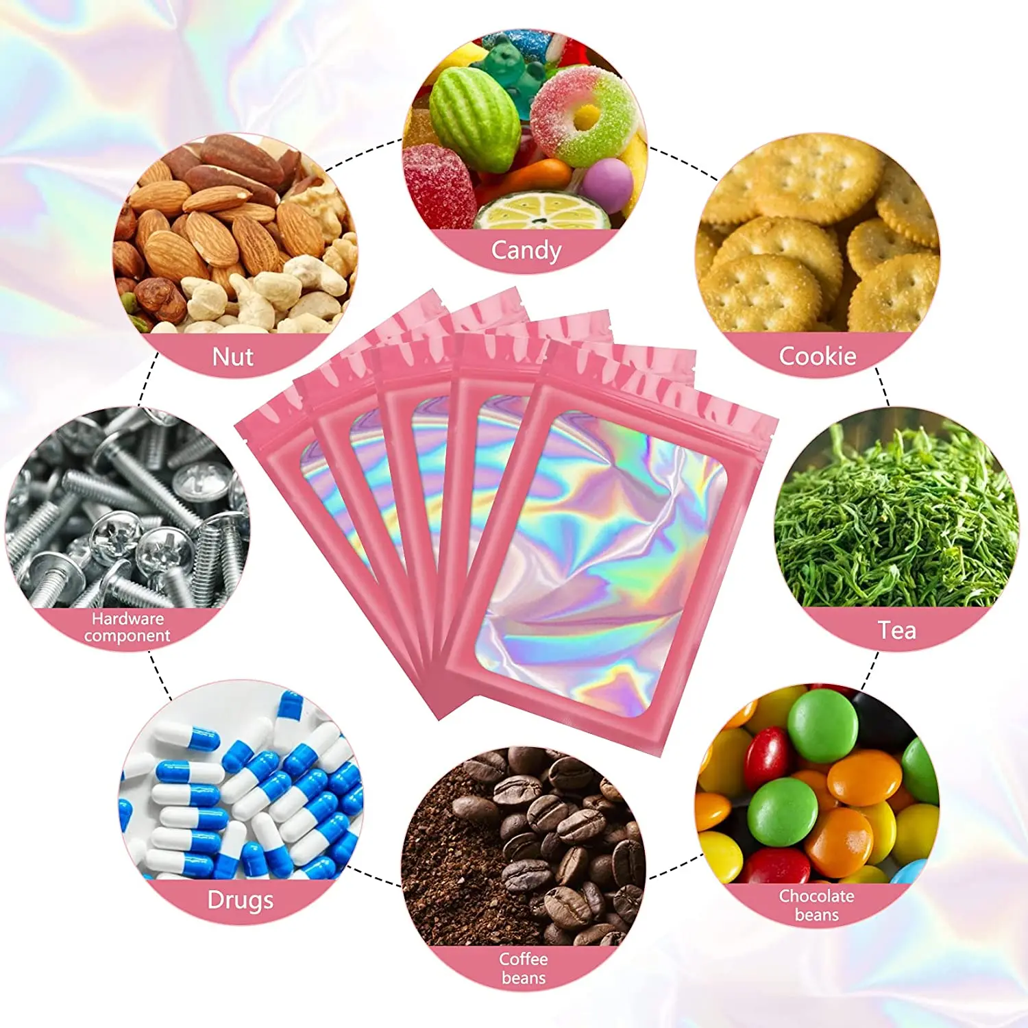 50pcs Smell Proof Mylar Bags Visible Holographic Packaging Bag Resealable Ziplock Opp Bags Foil Pouch Bags for Jewelry Packaging
