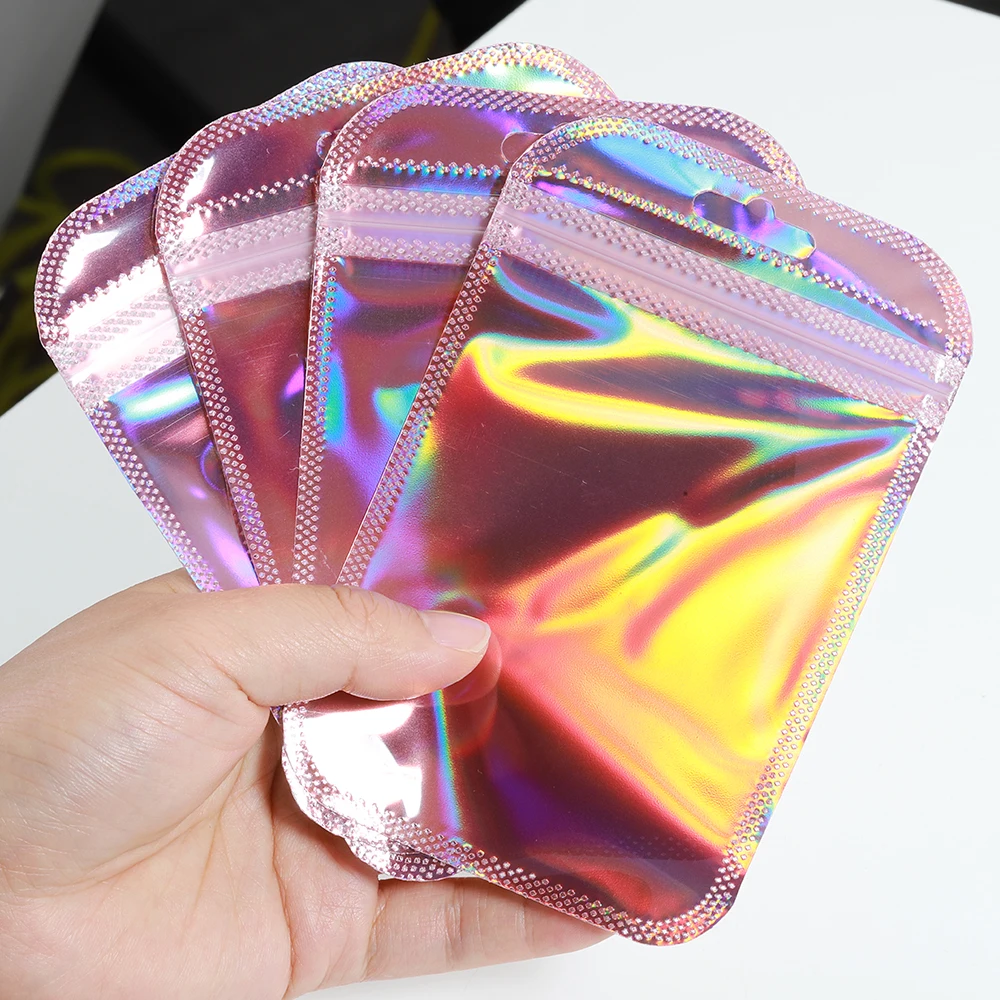 50pcs Iridescent Self Sealing OPP Bags Laser Iridescent Zip lock Resealable Package Pouch Retail DIY Jewelry Storage Accessories