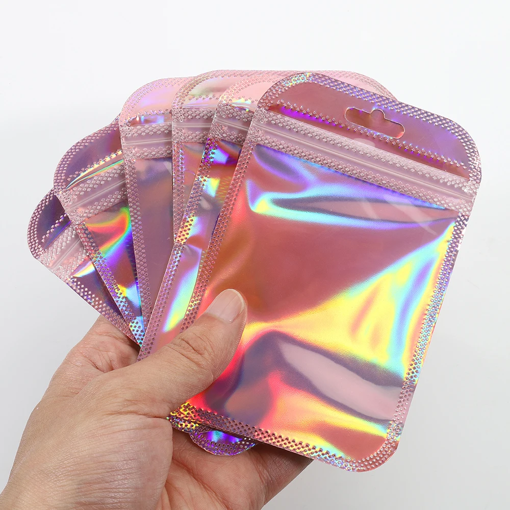 50pcs Iridescent Self Sealing OPP Bags Laser Iridescent Zip lock Resealable Package Pouch Retail DIY Jewelry Storage Accessories