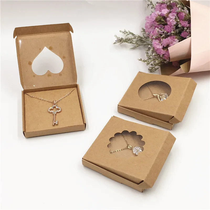 50Sets Kraft Paper Handmade Jewelry Set Packing Displays Boxes Brown Necklace And Earring Gift Boxes 6x6x1cm 6x6x1.5cm