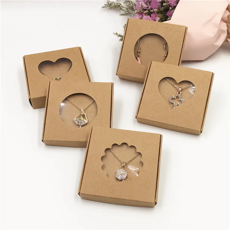 50Sets Kraft Paper Handmade Jewelry Set Packing Displays Boxes Brown Necklace And Earring Gift Boxes 6x6x1cm 6x6x1.5cm