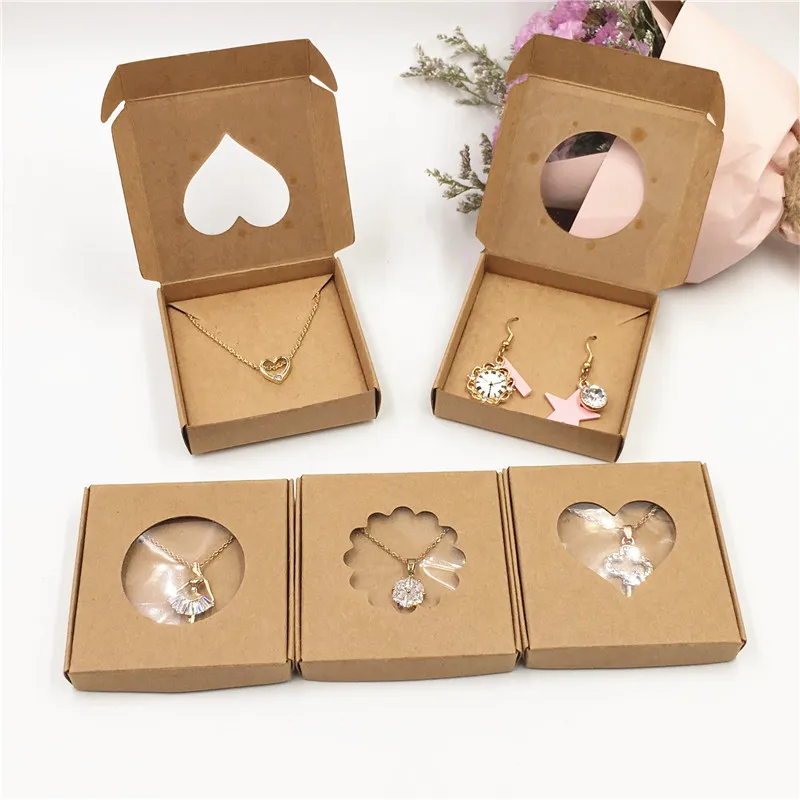 50Sets Kraft Paper Handmade Jewelry Set Packing Displays Boxes Brown Necklace And Earring Gift Boxes 6x6x1cm 6x6x1.5cm