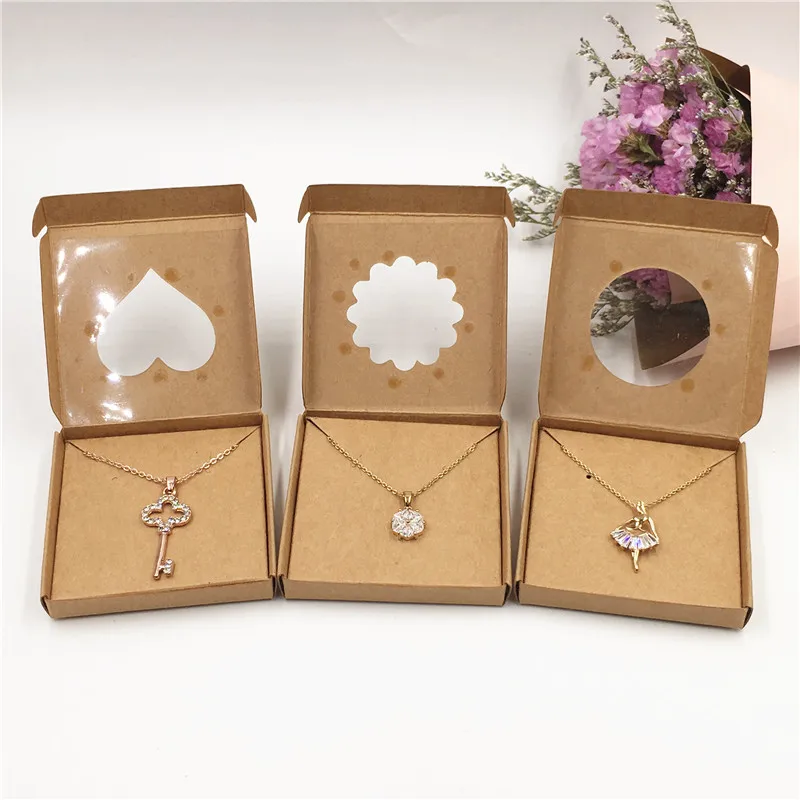 50Sets Kraft Paper Handmade Jewelry Set Packing Displays Boxes Brown Necklace And Earring Gift Boxes 6x6x1cm 6x6x1.5cm