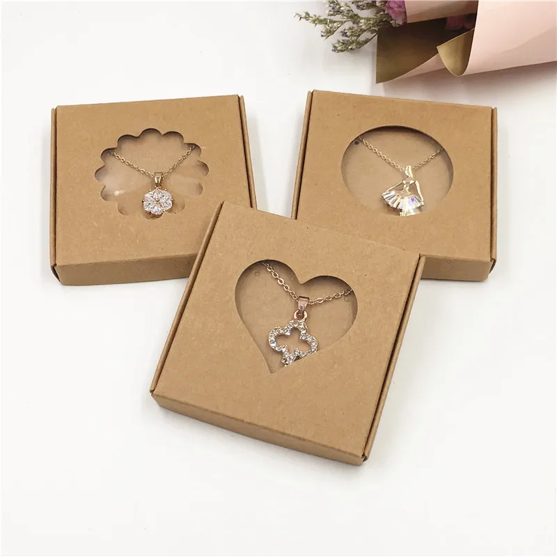50Sets Kraft Paper Handmade Jewelry Set Packing Displays Boxes Brown Necklace And Earring Gift Boxes 6x6x1cm 6x6x1.5cm