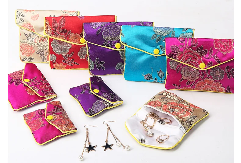 Chinese Brocade Handmade Silk Embroidery Padded Zipper Small Jewelry Gift Storage Pouch Bag Snap Case Satin Coin Purse Wholesale