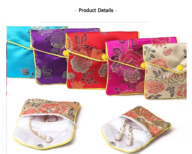 Chinese Brocade Handmade Silk Embroidery Padded Zipper Small Jewelry Gift Storage Pouch Bag Snap Case Satin Coin Purse Wholesale