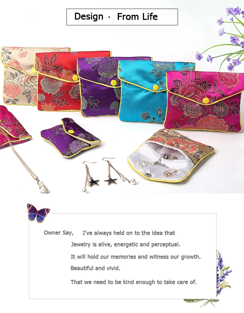 Chinese Brocade Handmade Silk Embroidery Padded Zipper Small Jewelry Gift Storage Pouch Bag Snap Case Satin Coin Purse Wholesale