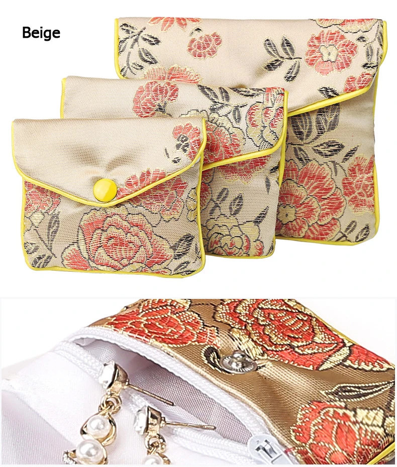 Chinese Brocade Handmade Silk Embroidery Padded Zipper Small Jewelry Gift Storage Pouch Bag Snap Case Satin Coin Purse Wholesale