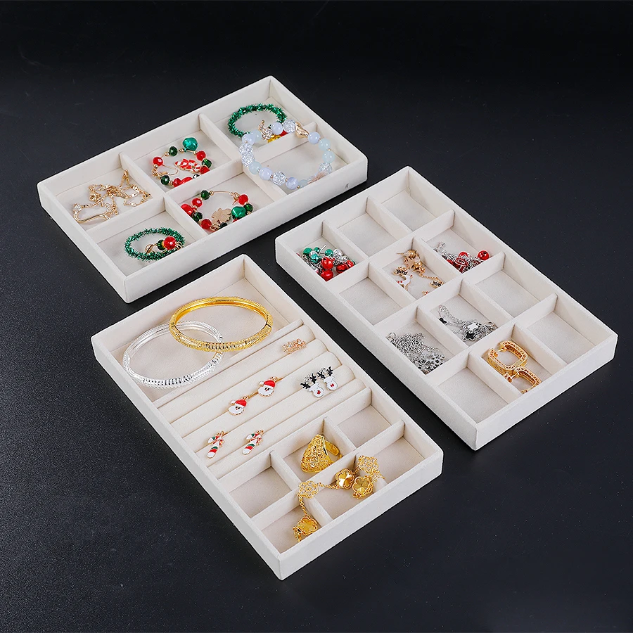 Jewelry Organizer Velvet Jewelry Storage Tray Display Ring Bracelet Necklace Storage Box Showcase Drawer Organizer Trays Beige