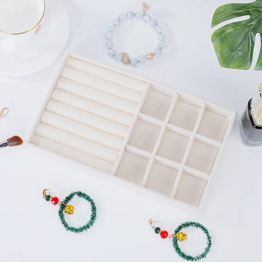 Jewelry Organizer Velvet Jewelry Storage Tray Display Ring Bracelet Necklace Storage Box Showcase Drawer Organizer Trays Beige