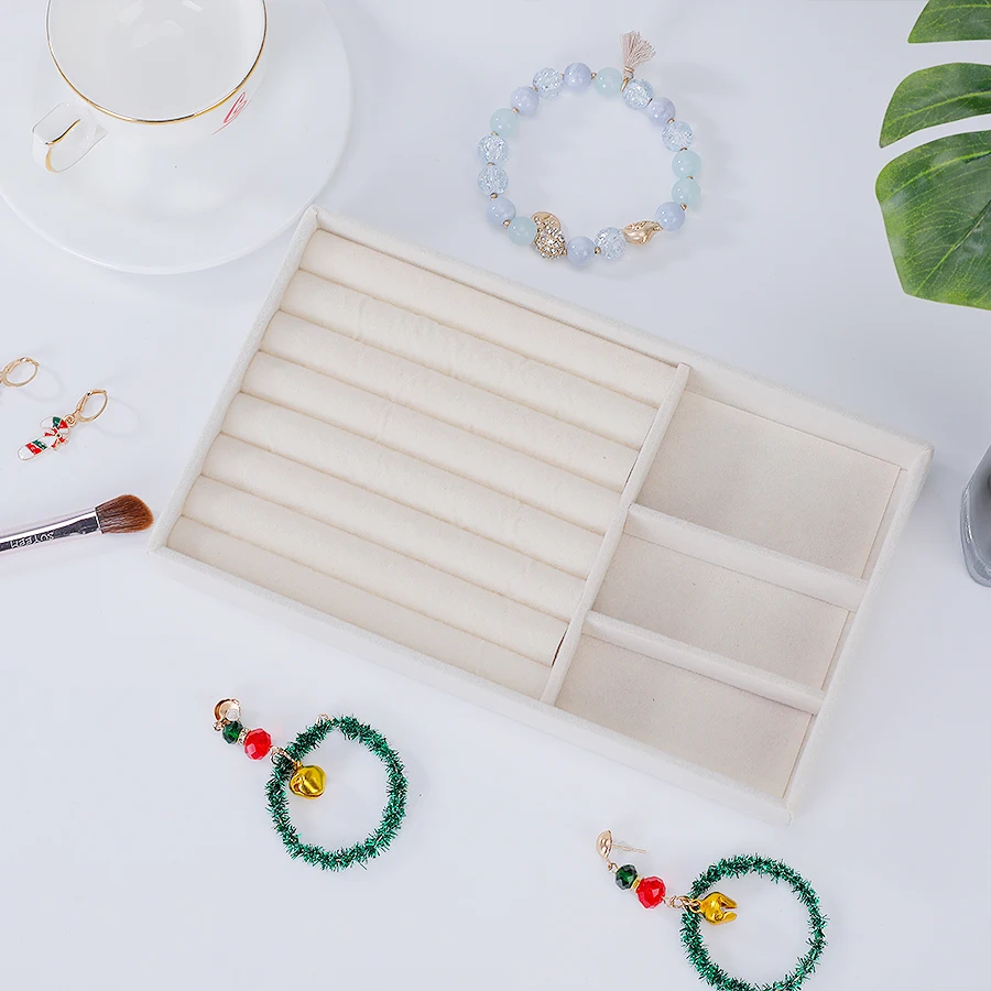 Jewelry Organizer Velvet Jewelry Storage Tray Display Ring Bracelet Necklace Storage Box Showcase Drawer Organizer Trays Beige