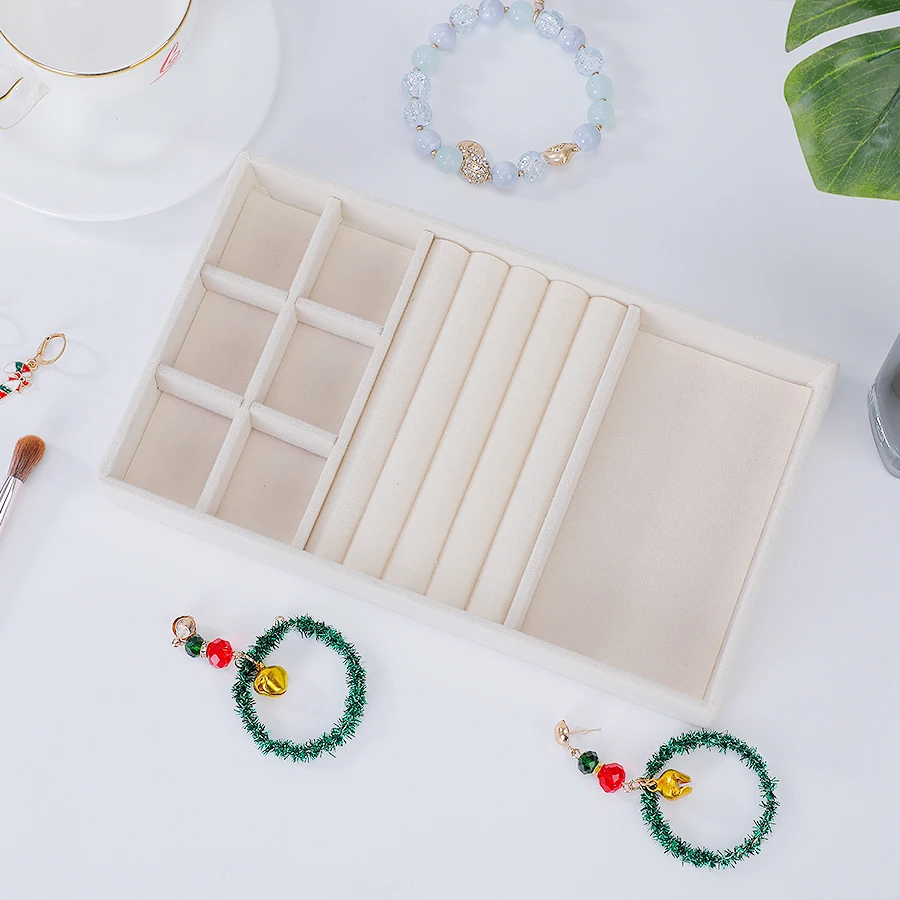 Jewelry Organizer Velvet Jewelry Storage Tray Display Ring Bracelet Necklace Storage Box Showcase Drawer Organizer Trays Beige