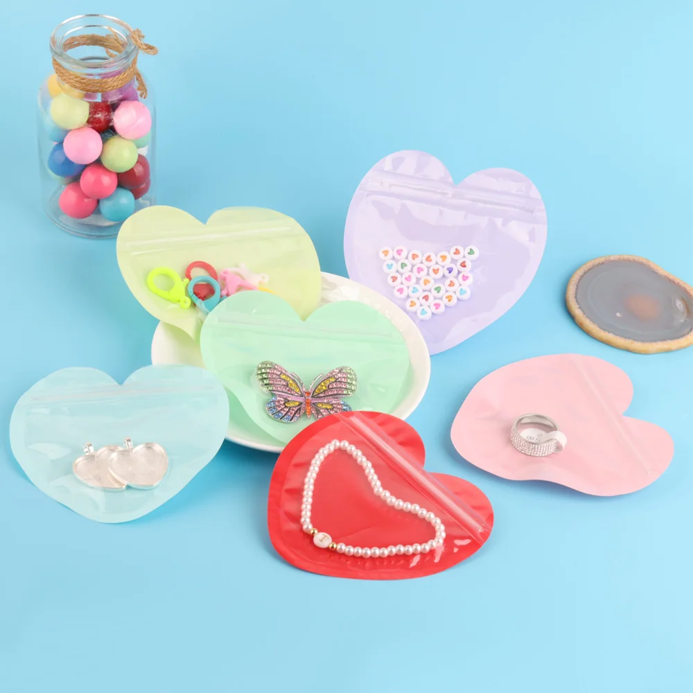 10pcs/50pcs Heart Shaped Sealing Jewelry Pouches Bag Transparent Plastic Durable Zipper Lock Convenient Packaging Bags Wholesale