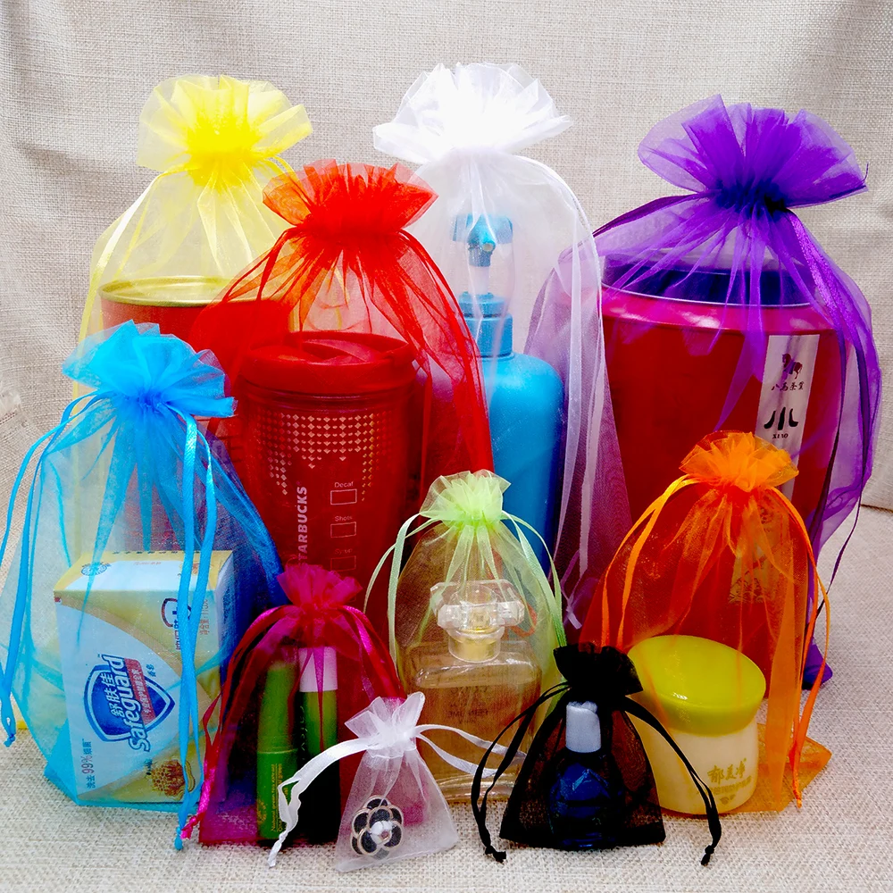 100pcs/lot 10x15 11x16 13x18 15x20cm Drawable Organza Bag Wedding Christmas Gift Bags Jewelry Packaging Organza Bags & Pouches