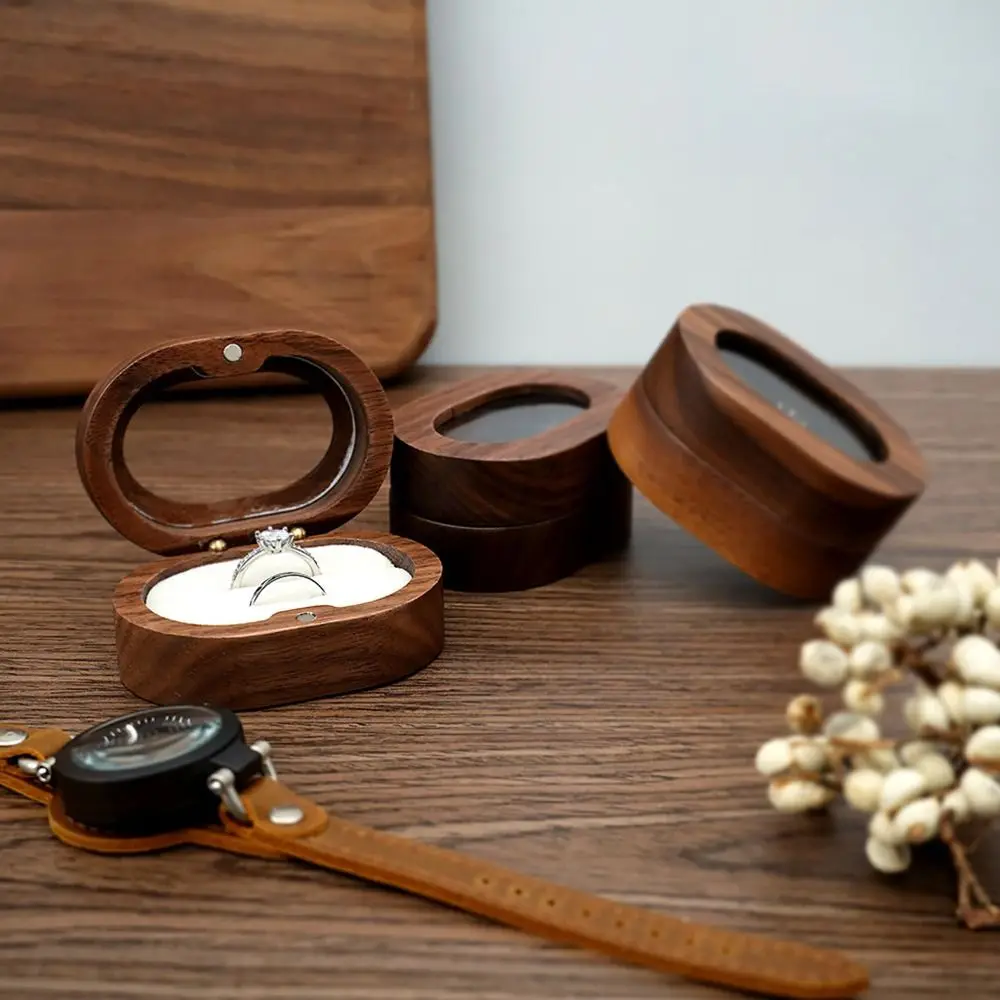 1Pcs Oval Wooden Retro Jewelry Box Lover Ring Display Box Engagement Wedding Couples Ring Storage Holder Love Gift Earrings Case