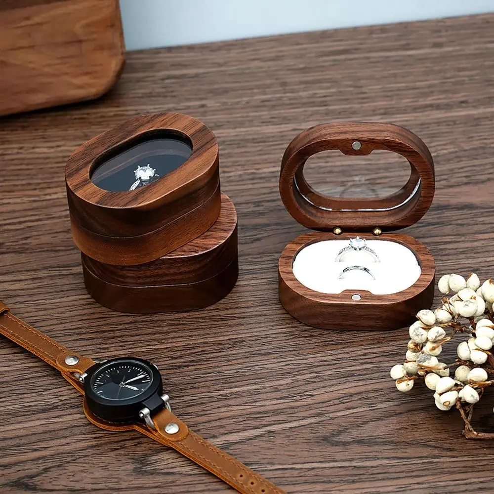 1Pcs Oval Wooden Retro Jewelry Box Lover Ring Display Box Engagement Wedding Couples Ring Storage Holder Love Gift Earrings Case