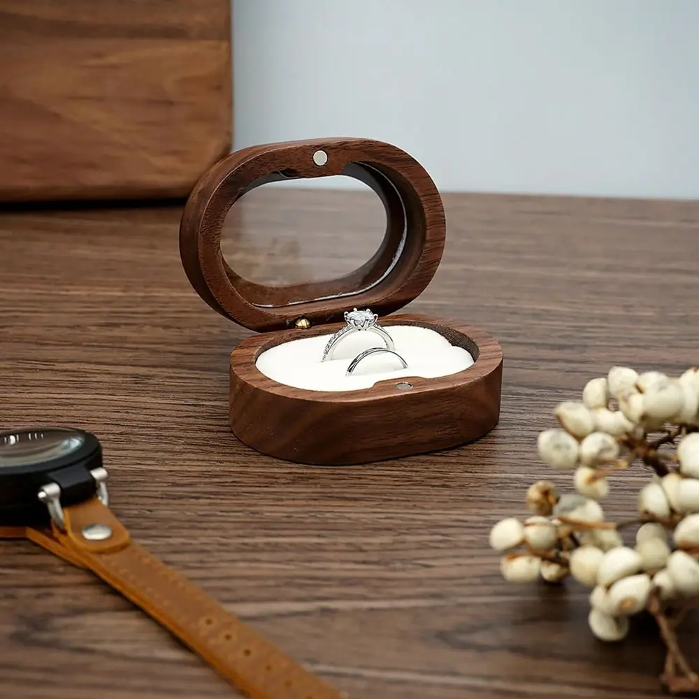 1Pcs Oval Wooden Retro Jewelry Box Lover Ring Display Box Engagement Wedding Couples Ring Storage Holder Love Gift Earrings Case