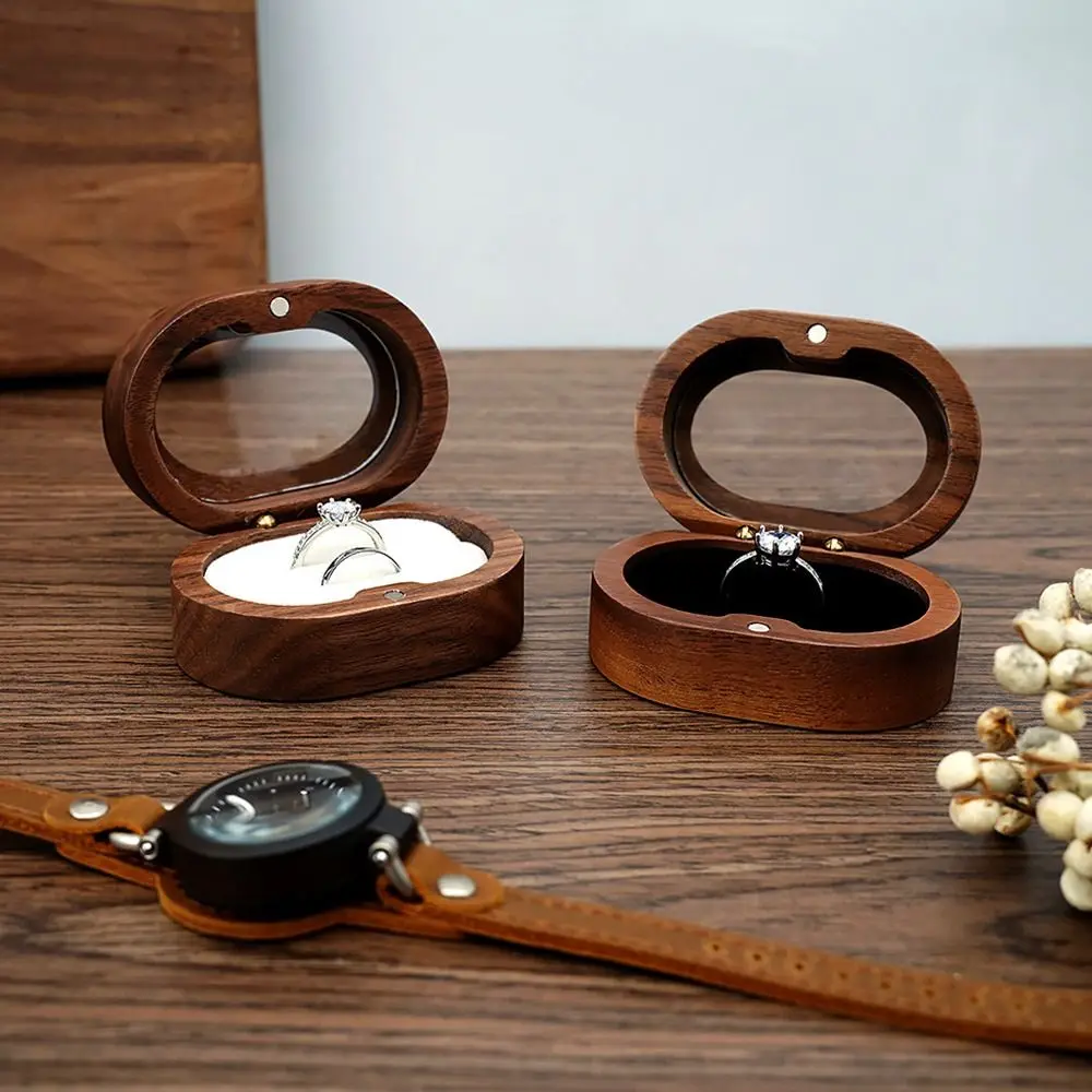 1Pcs Oval Wooden Retro Jewelry Box Lover Ring Display Box Engagement Wedding Couples Ring Storage Holder Love Gift Earrings Case