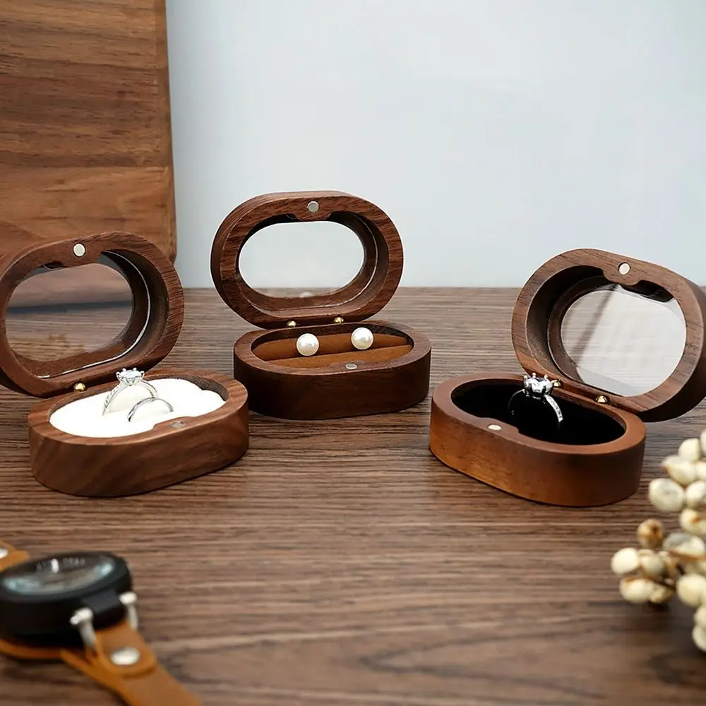 1Pcs Oval Wooden Retro Jewelry Box Lover Ring Display Box Engagement Wedding Couples Ring Storage Holder Love Gift Earrings Case