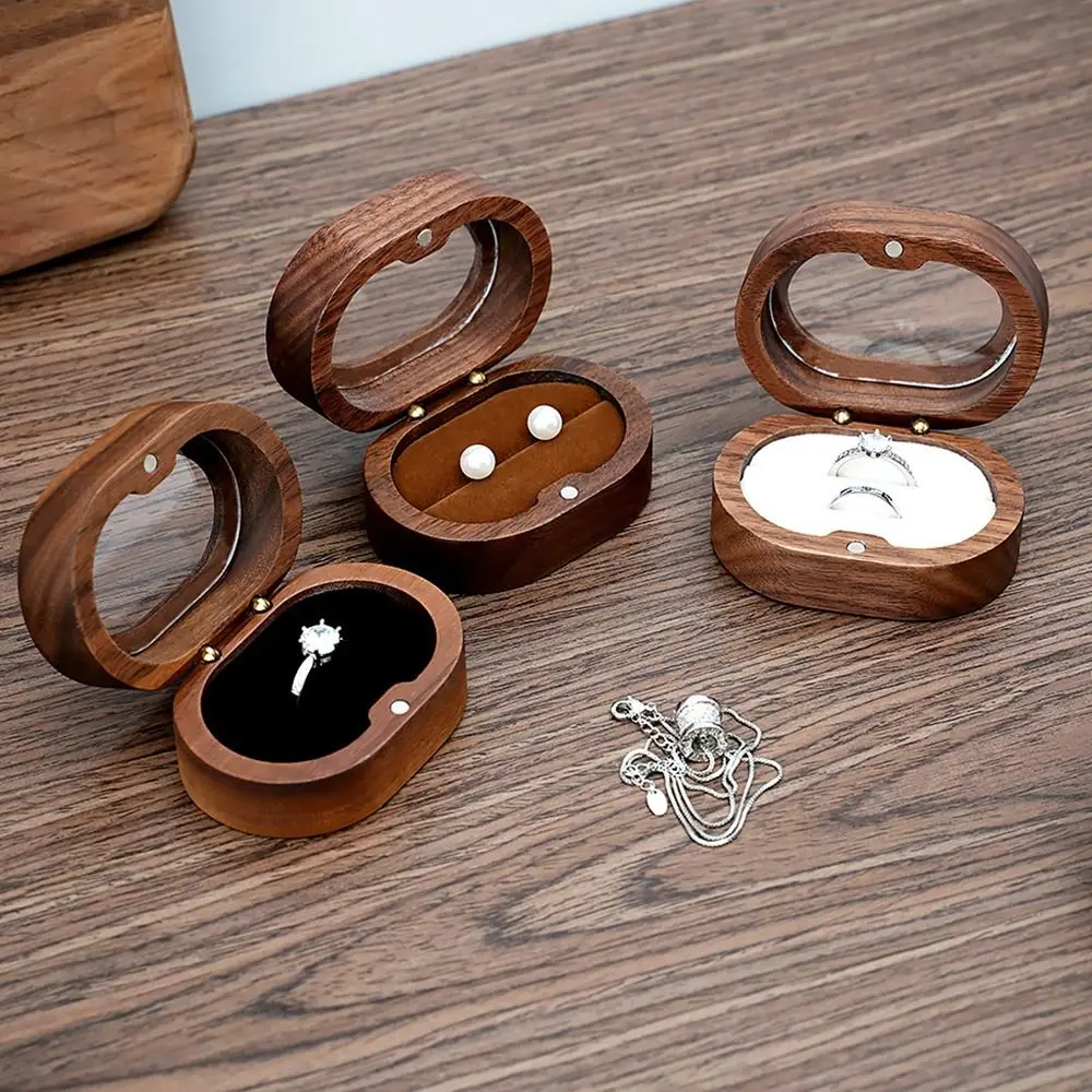 1Pcs Oval Wooden Retro Jewelry Box Lover Ring Display Box Engagement Wedding Couples Ring Storage Holder Love Gift Earrings Case