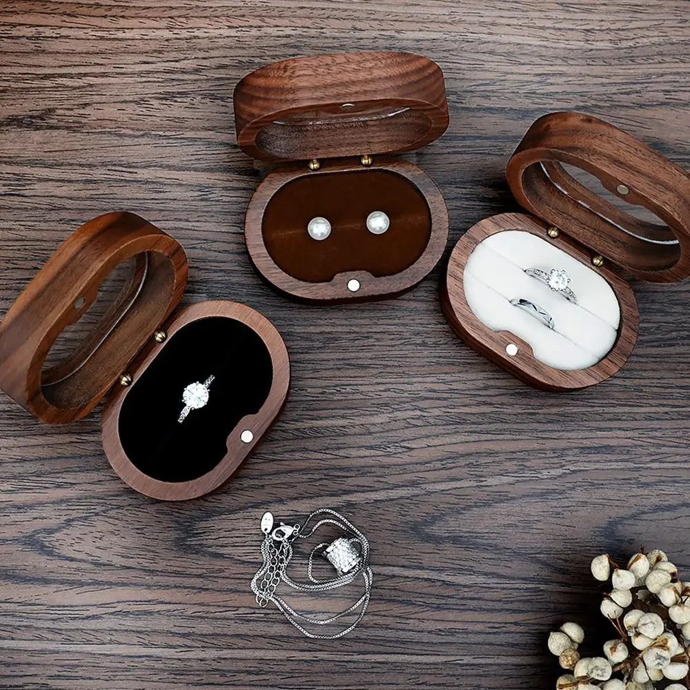 1Pcs Oval Wooden Retro Jewelry Box Lover Ring Display Box Engagement Wedding Couples Ring Storage Holder Love Gift Earrings Case