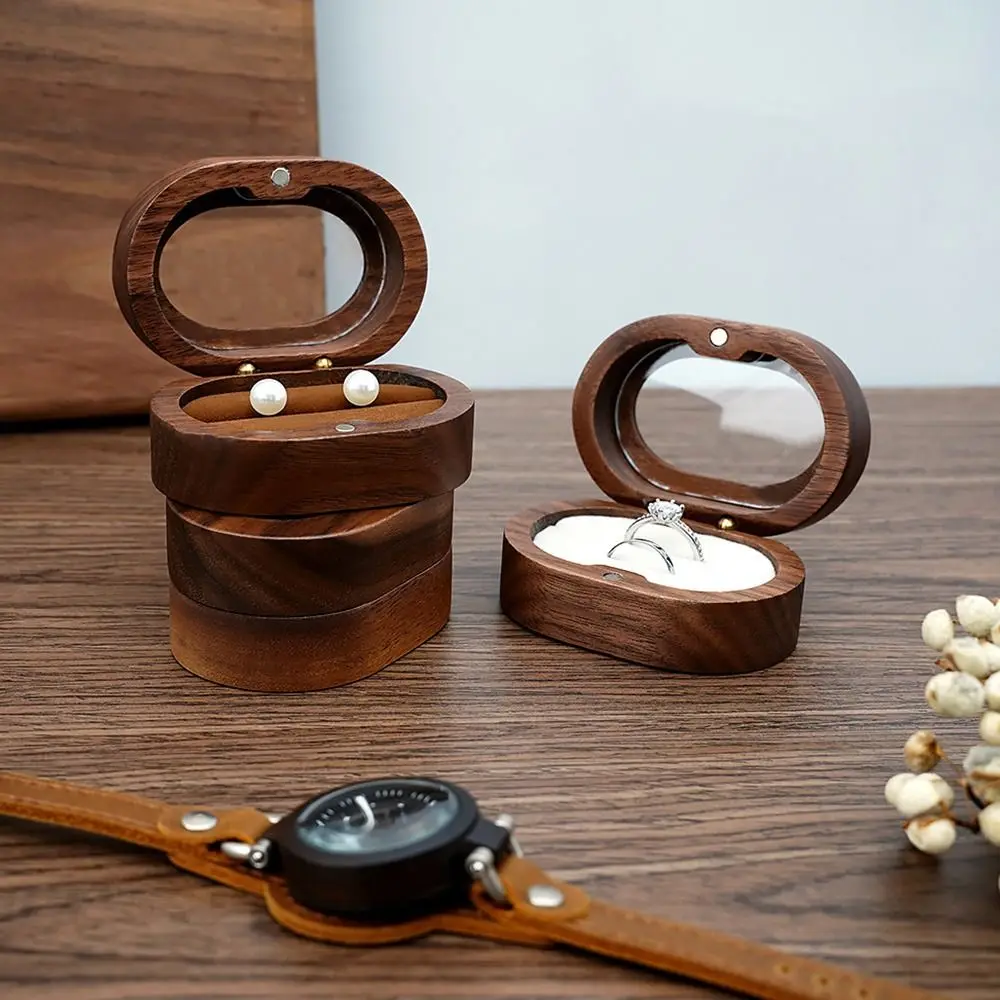 1Pcs Oval Wooden Retro Jewelry Box Lover Ring Display Box Engagement Wedding Couples Ring Storage Holder Love Gift Earrings Case