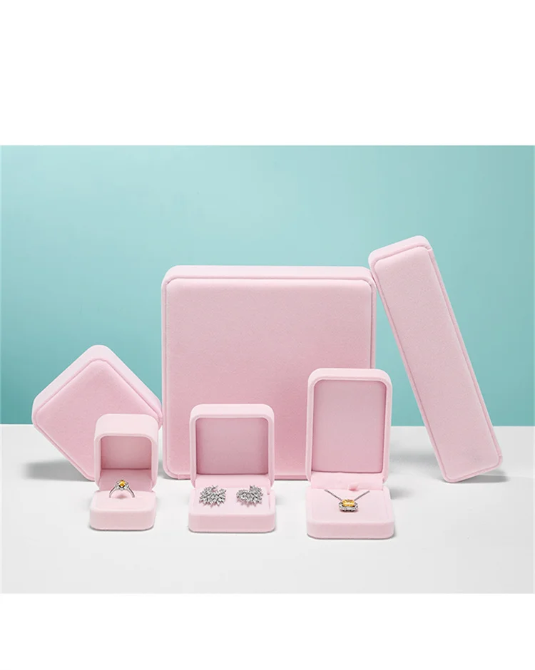 WoodTen Velvet Ring Box Earring Pink Jewelry Box Necklace Bracelet Storage Case Jewelry Organizer Jewelry Gift Box for Wedding