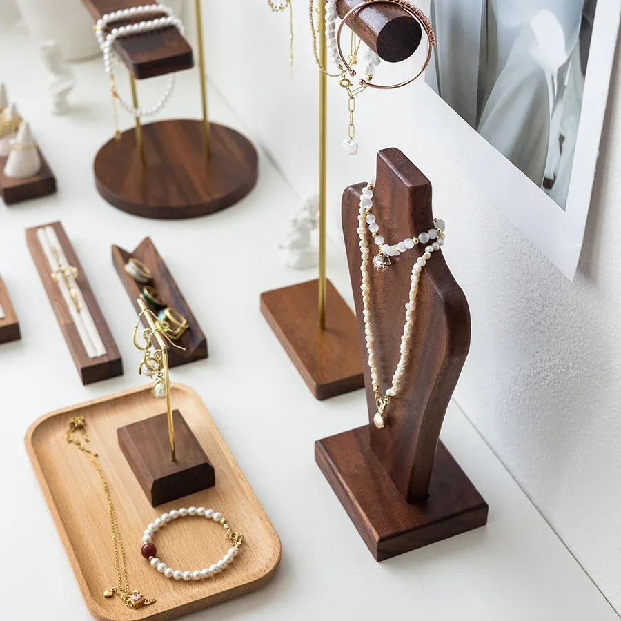 Walnut Wood Model Bust Wooden Jewelry Display Necklace Pendants Mannequin Hanging Earring Holder Jewelry Stands Organizer Rack