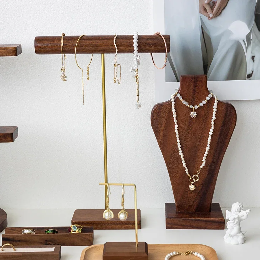Walnut Wood Model Bust Wooden Jewelry Display Necklace Pendants Mannequin Hanging Earring Holder Jewelry Stands Organizer Rack
