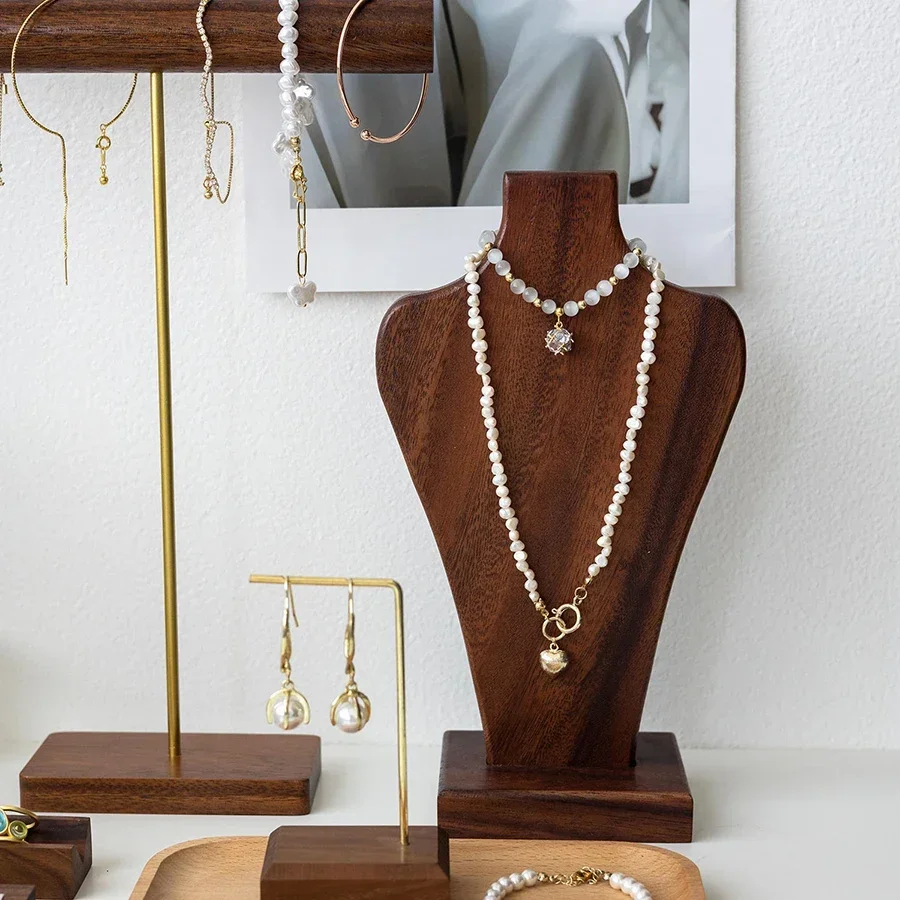 Walnut Wood Model Bust Wooden Jewelry Display Necklace Pendants Mannequin Hanging Earring Holder Jewelry Stands Organizer Rack