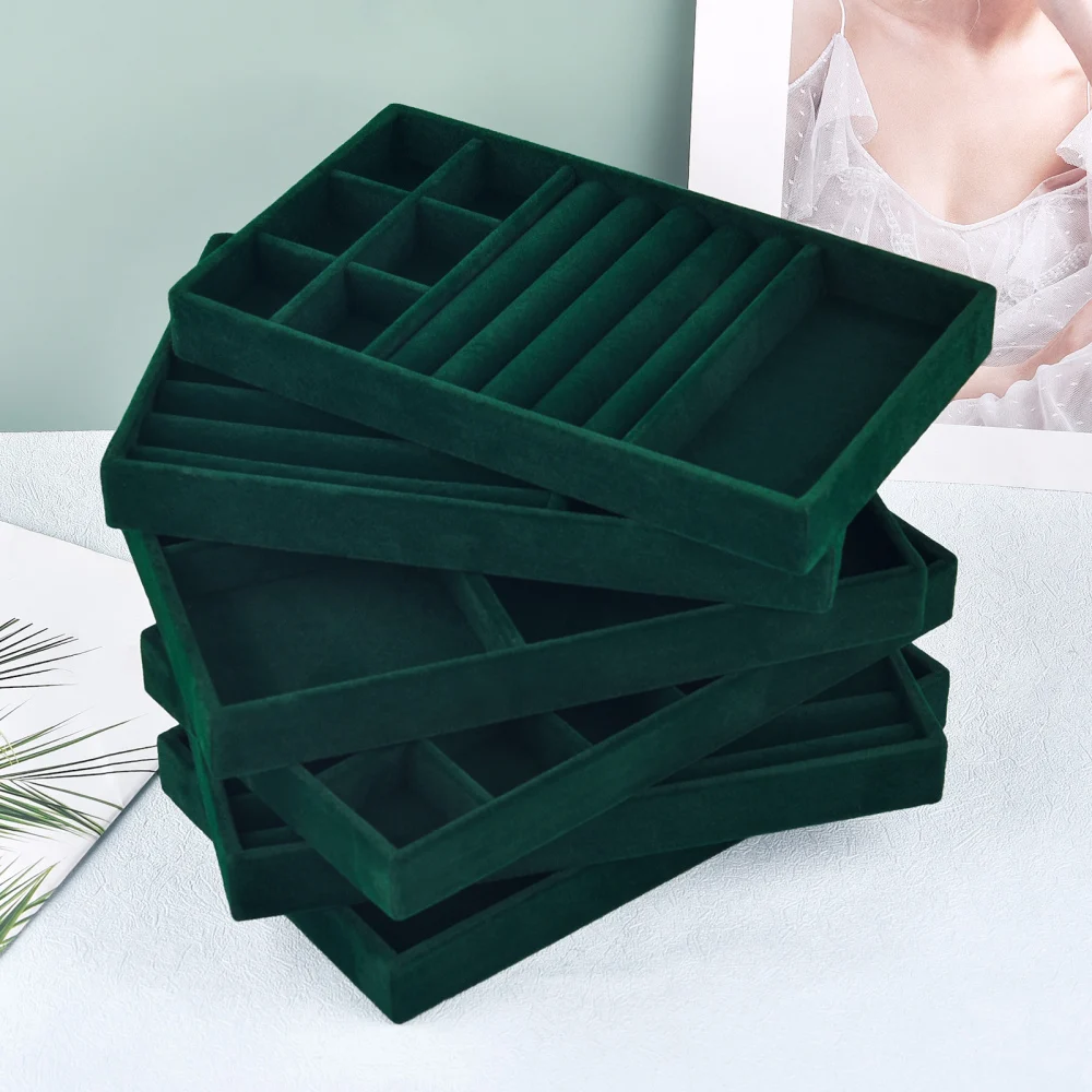Black/Dark Green Flannel Jewelry Storage Box Household Drawer Earring Necklace Ring Tray Head Rope Ear Clip Display Storage Tray